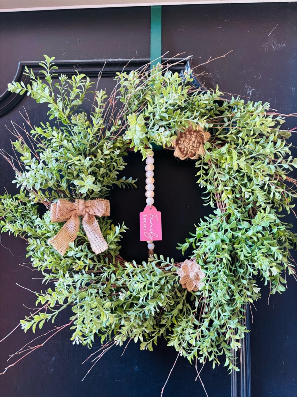 Green Boxwood Wreath with Burlap Accents